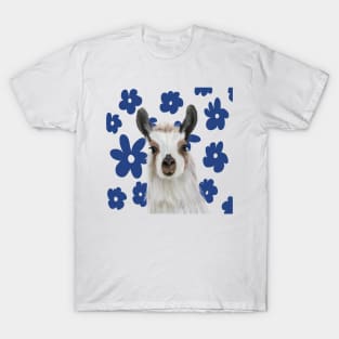 Llama | Blue Retro Flowers | Llama Lovers Gift T-Shirt